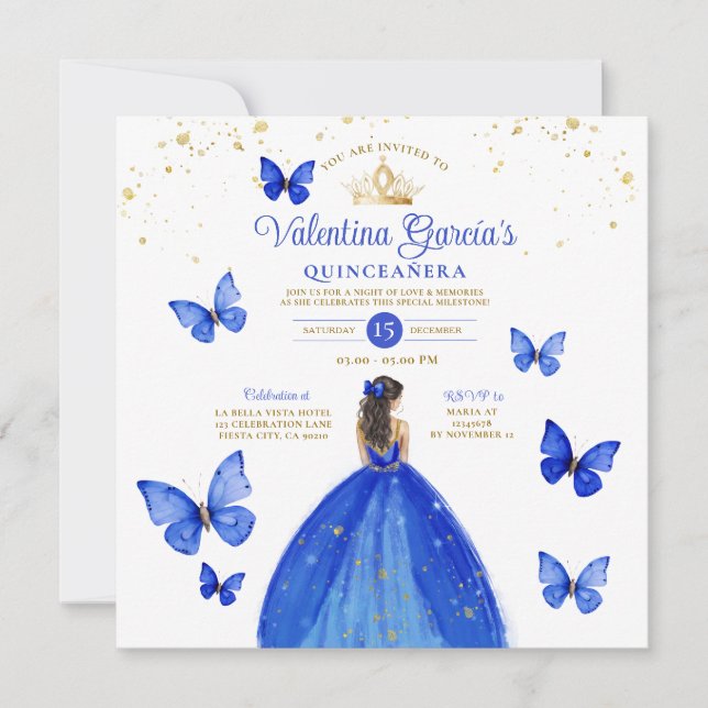 Invitation Royal Blue Quinceañera 15 Anos Butterfly Birthday (Devant)