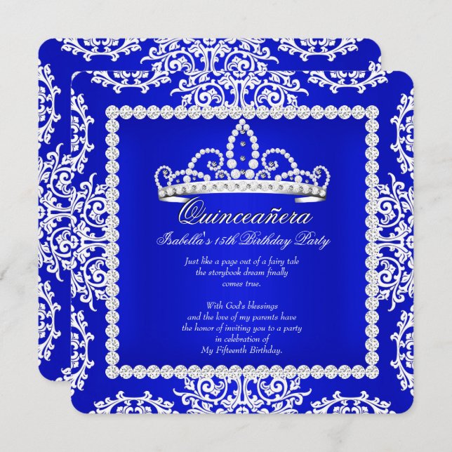 Invitation Royal Blue Quinceanera 15e anniversaire fête Tiara (Devant / Derrière)