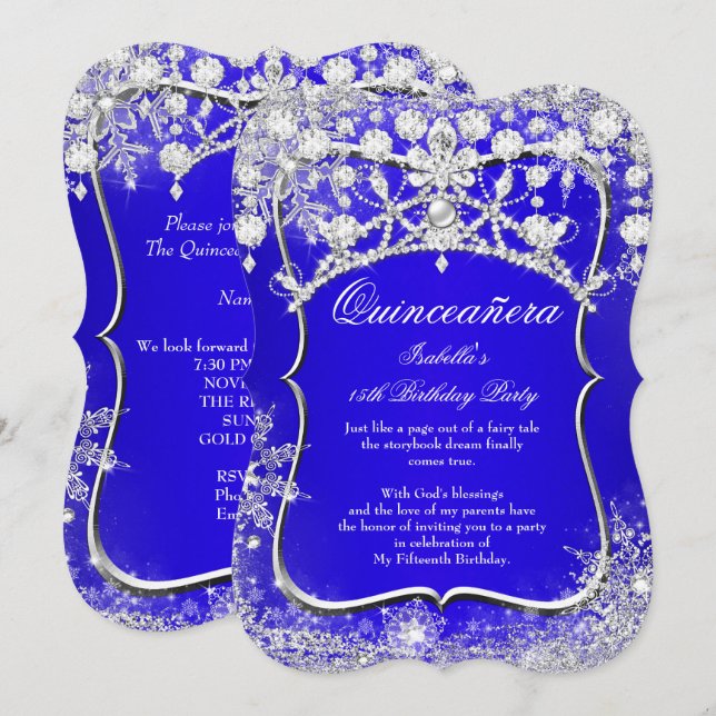 Invitation Royal Blue Quinceanera 15e Wonderland d'hiver (Devant / Derrière)
