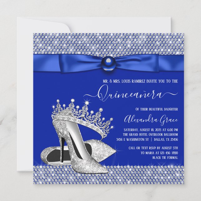 Invitation Royal Blue Quinceanera Diamond Tiara Shoe (Devant)