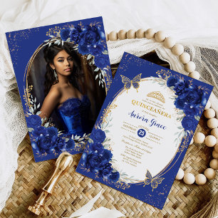 Invitation Royal Blue Quinceañera Flower Butterfly Photo