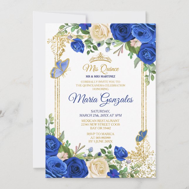 Invitation Royal Blue Quinceanera Mexicaine fille 15e anniver (Devant)