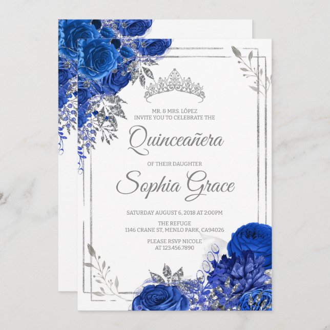 Invitation Royal Blue Quinceañera Papillons Mis Quince (Devant / Derrière)