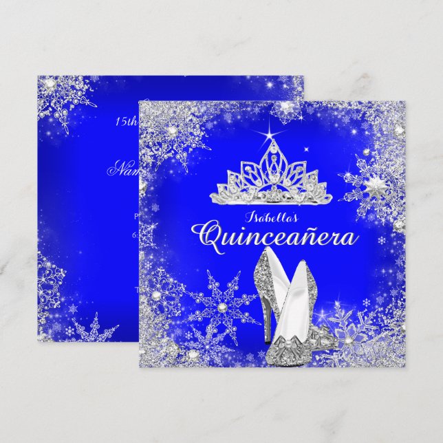 Invitation Royal Blue Quinceanera Silver Tiara 15e anniversai (Devant / Derrière)