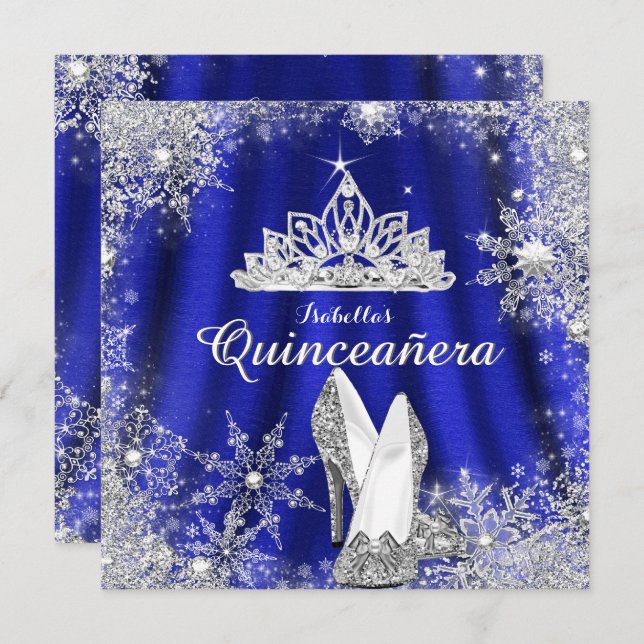 Invitation Royal Blue Quinceanera Silver Tiara 15e anniversai (Devant / Derrière)