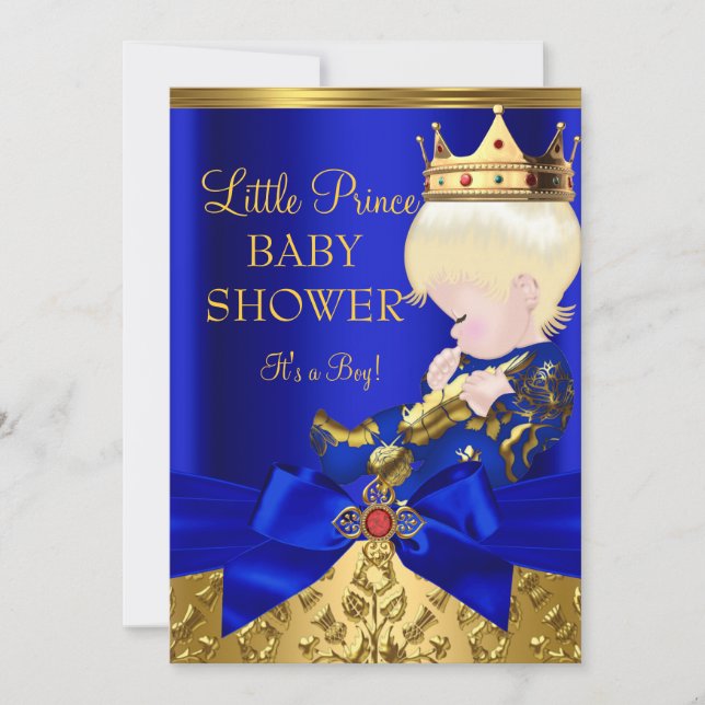 Invitation Royal Blue Red Gold Prince Boy Baby shower Blonde (Devant)
