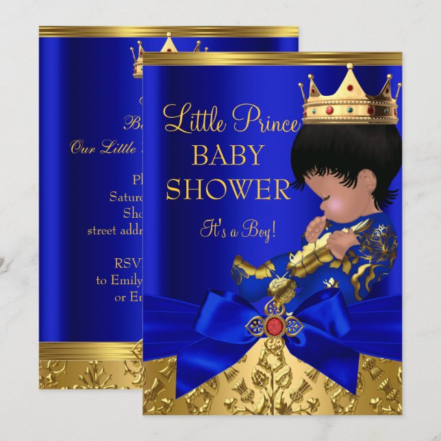 Invitation Royal Blue Red Gold Prince Boy Baby shower ethniqu (Devant / Derrière)