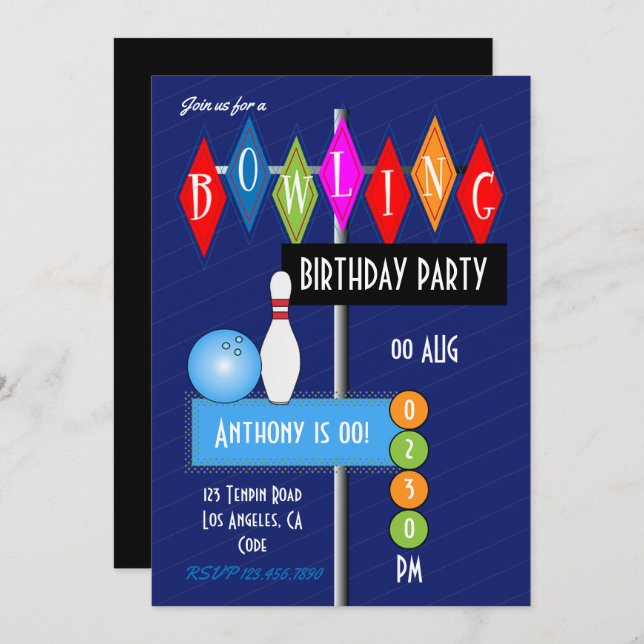 Invitation Royal Blue Retro Bowling fête d'anniversaire (Devant / Derrière)