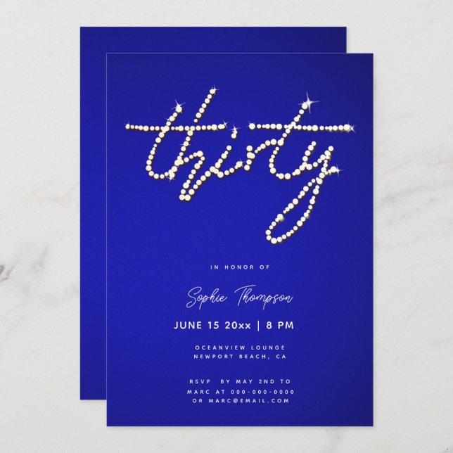 Invitation Royal Blue Rhinestones Calligraphie 30e anniversai (Devant / Derrière)