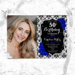 Invitation Royal Blue Rose Black Damask Photo 50e anniversair<br><div class="desc">Elégante invitation au 50e anniversaire fleurie féminine avec votre photo. Bleu noir blanc bleu royal design avec fausse parties scintillant argent. Caractéristiques noir et blanc motif damassé, saphir rose, police de script et confetti. Parfait pour une fête anniversaire adulte élégante. Personnalisez avec vos propres détails. Peut être customisé pour n'importe...</div>