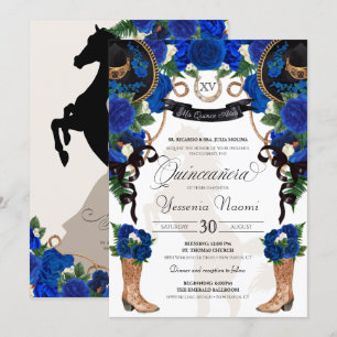Invitation Royal Blue Rose & Black Western Charro Quinceanera