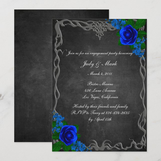 Invitation Royal Blue Rose Chalk Board Fall Engagement Party (Devant / Derrière)