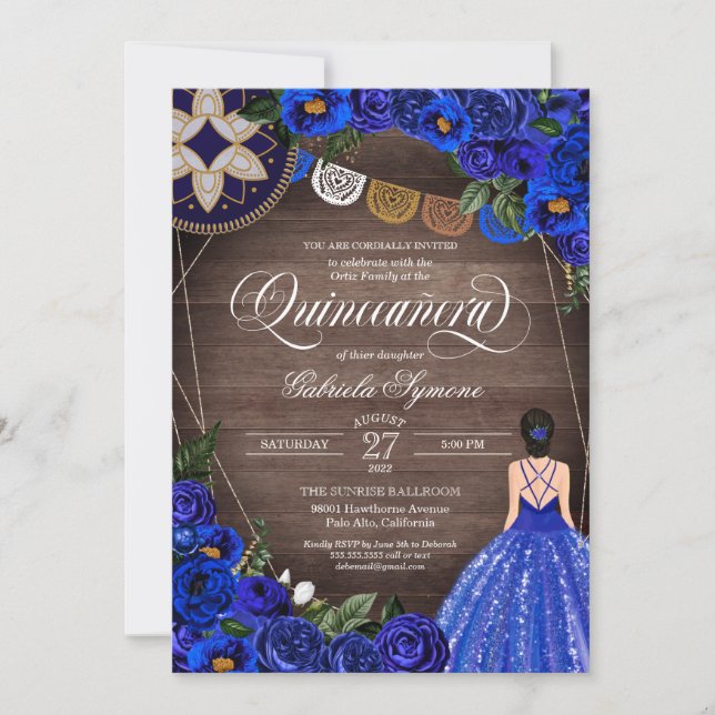 Invitation Royal Blue Rose Charro Country Gown Quinceanera (Devant)