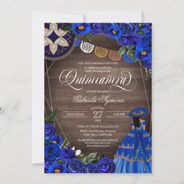 Invitation Royal Blue Rose Charro/Mariachi Rustic Quinceanera (Devant)