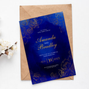 Invitation Royal Blue Rose Fancy Gold Lace QR Code Mariage