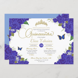 Invitation Royal Blue Rose Floral Tiara Butterfly Quinceanera