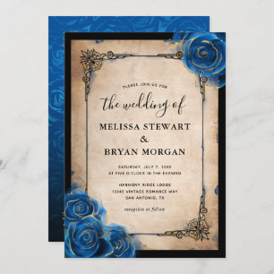 Invitation Royal Blue Rose Gold Black Vintage Élégant mariage