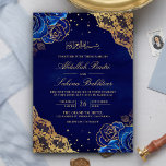 Invitation Royal Blue Rose Gold Lace QR Code Musulman Mariage<br><div class="desc">Éblouissez vos invités avec cette élégante invitation de mariage tout en une islamique avec de belles fleurs bleues et dentelle complexe avec QR Code pour RSVP en ligne. Ajoutez simplement les détails de votre événement sur ce modèle facile à utiliser pour en faire une invitation unique.</div>