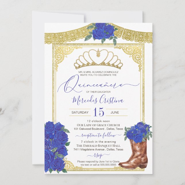 Invitation Royal Blue Rose or Floral Charro Quinceanera (Devant)