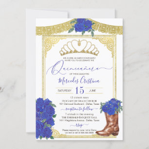Invitation Royal Blue Rose or Floral Charro Quinceanera