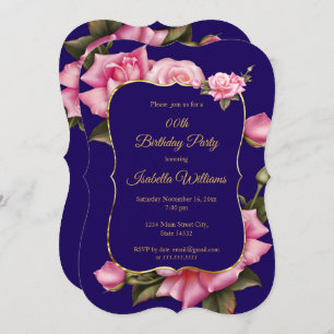 Invitation Royal Blue rose Rose floral or fête d'anniversaire