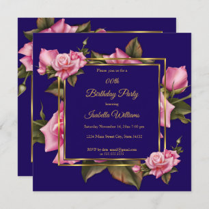 Invitation Royal Blue rose Rose floral or fête d'anniversaire