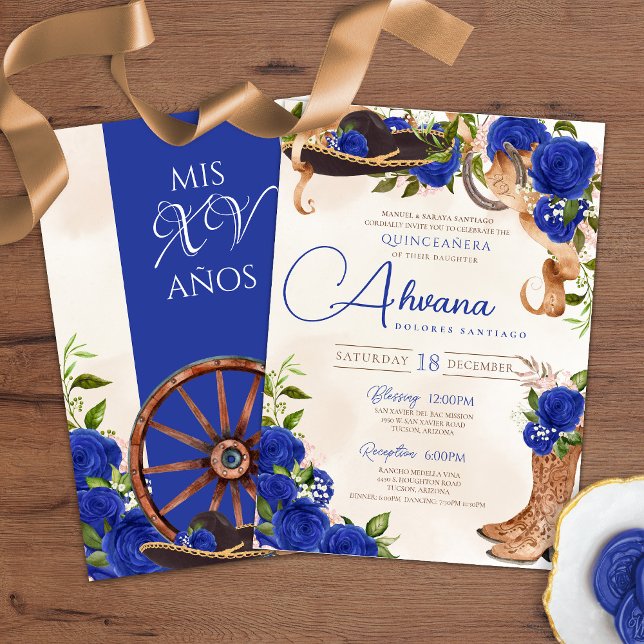 Invitation Royal Blue Rose Vintage Charro Western Quinceanera (Créateur téléchargé)