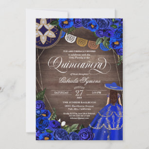Invitation Royal Blue Rose Western Charro Rustic Quinceanera 