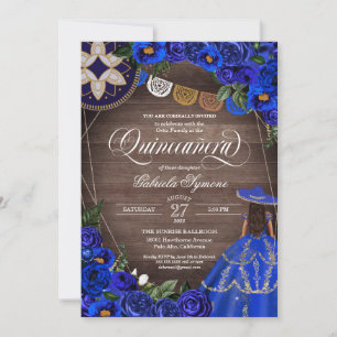 Invitation Royal Blue Rose Western Charro Rustic Quinceanera