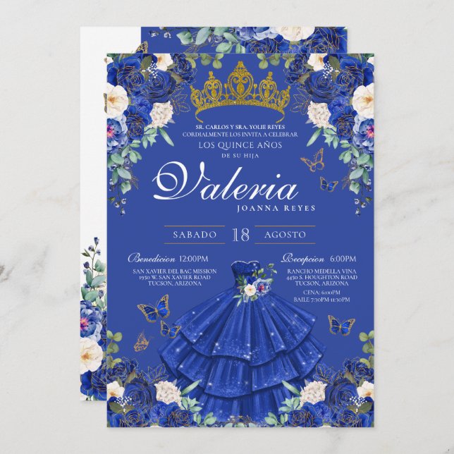 Invitation Royal Blue Roses Élégante princesse Quinceanera (Devant / Derrière)