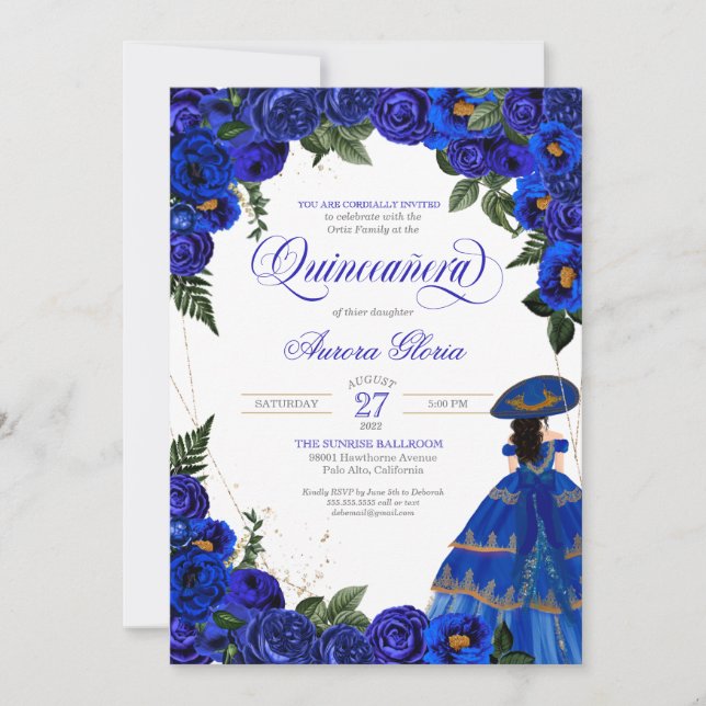 Invitation Royal Blue Roses Élégante robe Charro Quinceaner (Devant)
