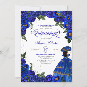 Invitation Royal Blue Roses Élégante robe Charro Quinceaner