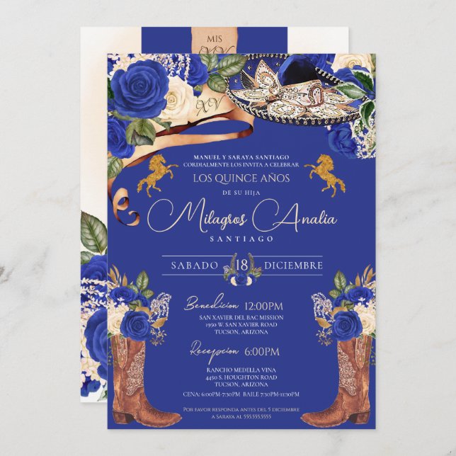 Invitation Royal Blue Roses Fancy Mariachi Charro Quinceanera (Devant / Derrière)