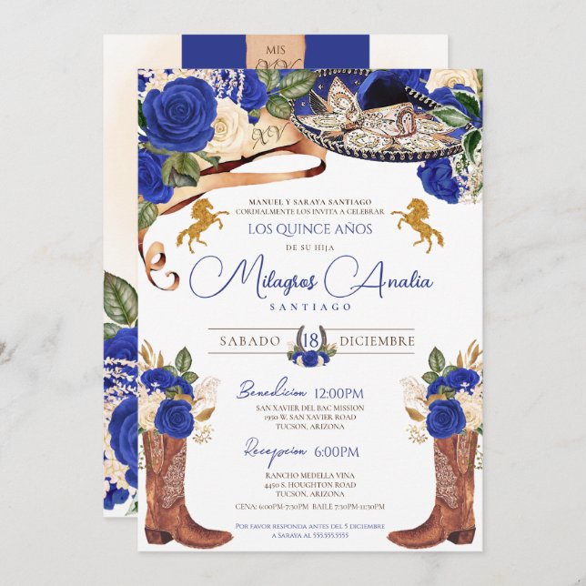 Invitation Royal Blue Roses Fancy Western Charro Quinceanera (Devant / Derrière)