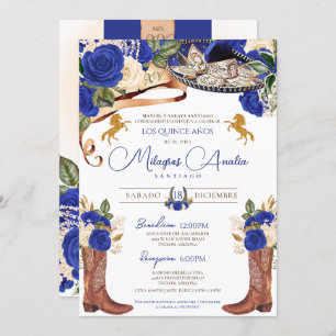 Invitation Royal Blue Roses Fancy Western Charro Quinceanera