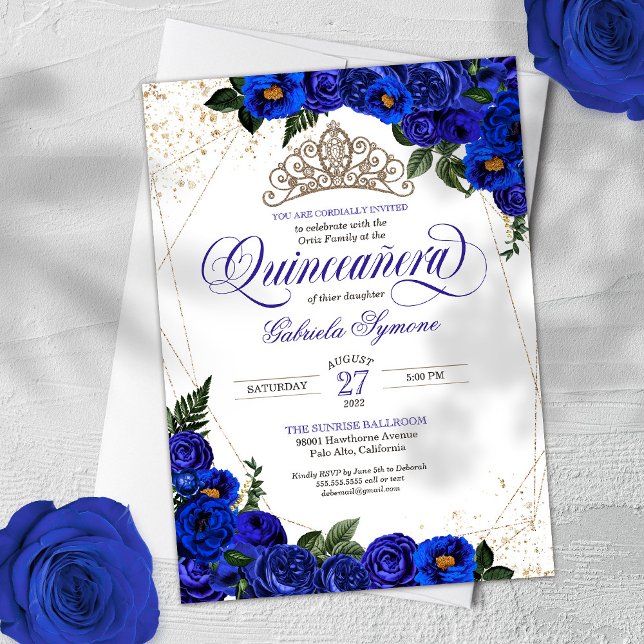 Invitation Royal Blue Roses & Gold Tiara Elegant Quinceañera (Créateur téléchargé)