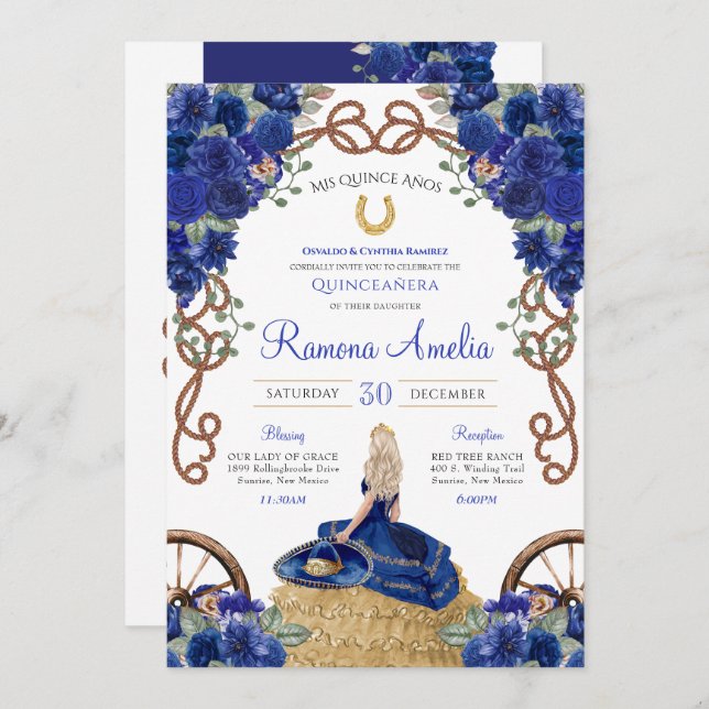 Invitation Royal Blue Roses Ouest Charra Quinceañera (Devant / Derrière)