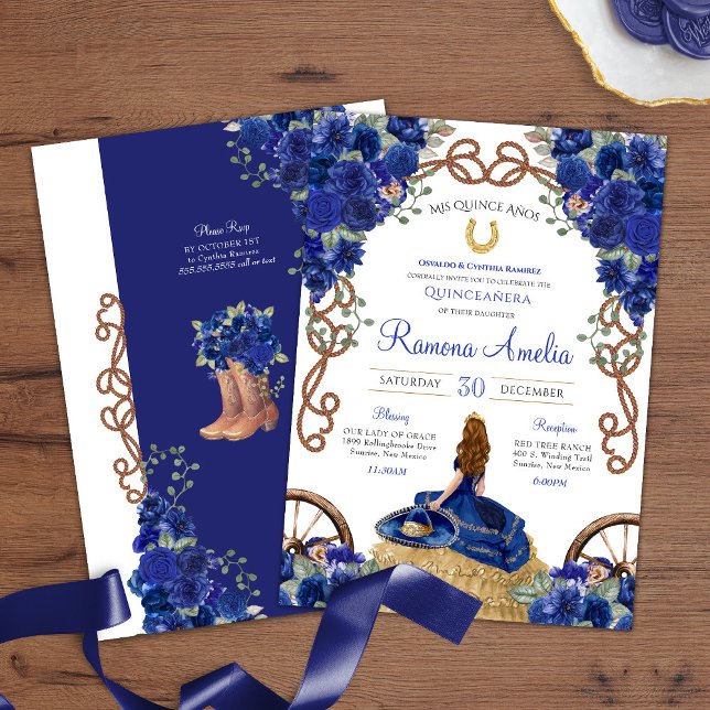 Invitation Royal Blue Roses Ouest Charro Quinceanera (Créateur téléchargé)