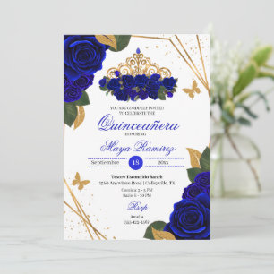 Invitation Royal Blue Roses Tiara Gold Parties scintillant Qu