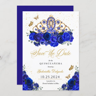 Invitation Royal Blue Roses Tiara Sauvez La Date Quinceañera