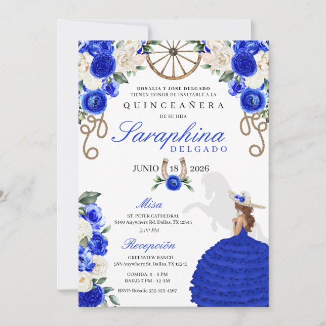 Invitation Royal Blue Roses Western Cowgirl Quinceañera (Devant)