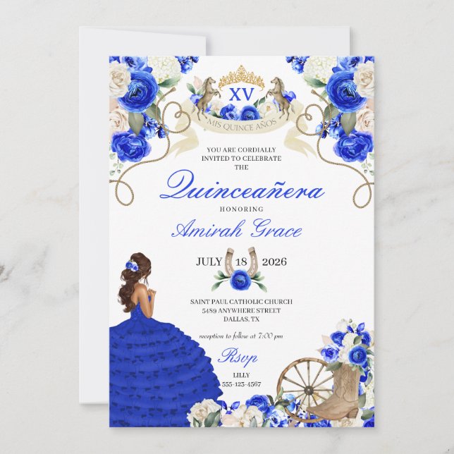 Invitation Royal Blue Roses Western Cowgirl Quinceañera (Devant)