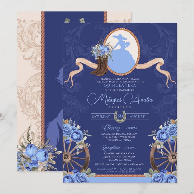 Invitation Royal Blue Russe Baroque Charro Quinceanera (Devant / Derrière)