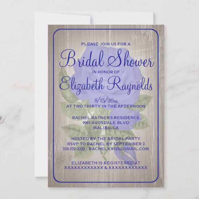 Invitation Royal Blue Rustic Floral Douche nuptiale Invitatio (Devant)