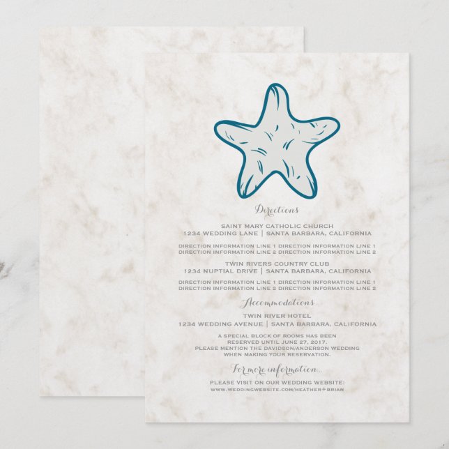 Invitation Royal Blue Rustic Starfish Information du Mariage (Devant / Derrière)