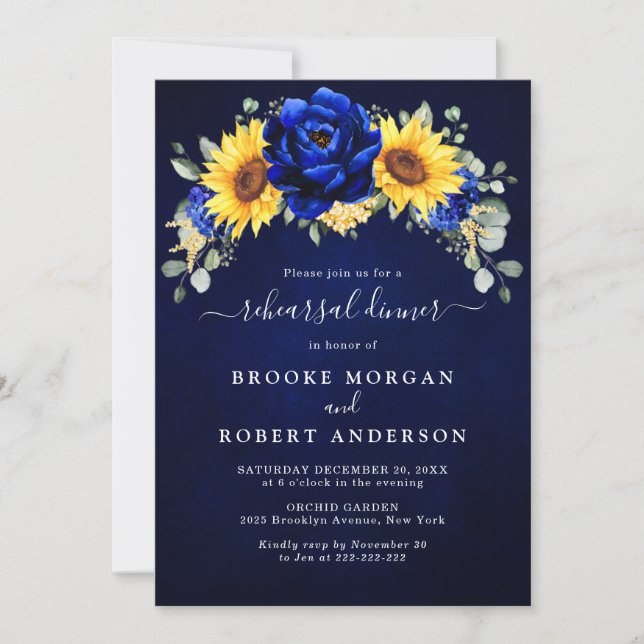 Invitation Royal Blue Rustic Tournesol Dîner de répétition In (Devant)