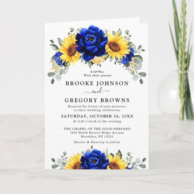 Invitation Royal Blue Rustic Tournesol Moderne Floral Mariage (Devant)