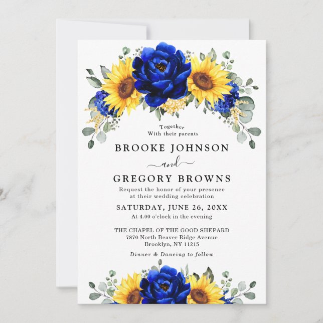 Invitation Royal Blue Rustic Tournesol Moderne Floral Mariage (Devant)