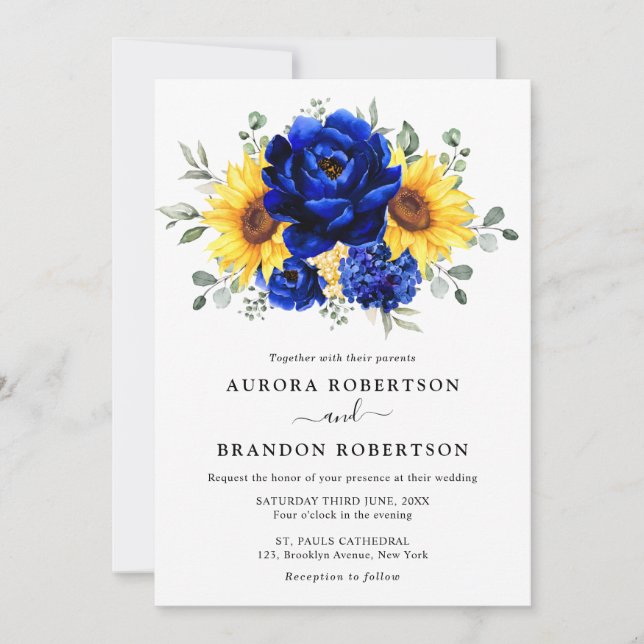 Invitation Royal Blue Rustic Tournesol Moderne Floral Mariage (Devant)