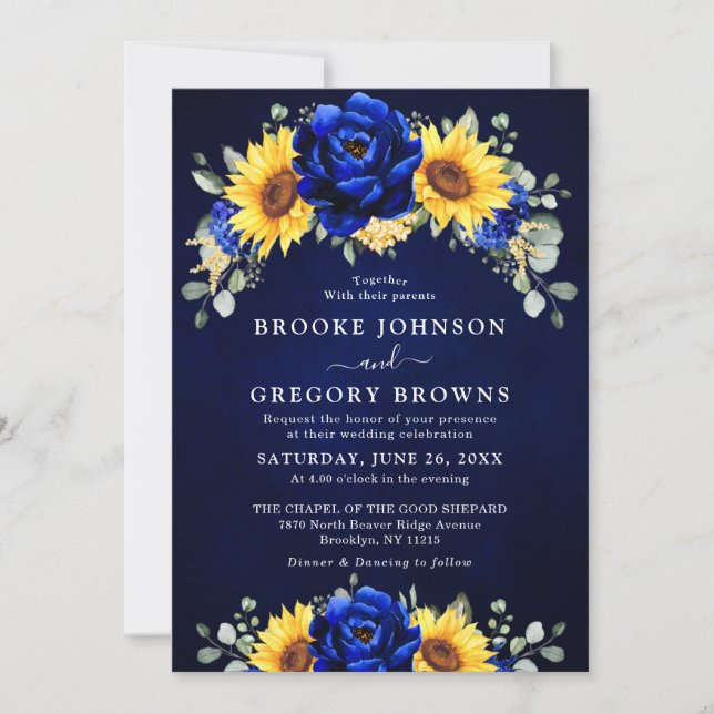 Invitation Royal Blue Rustic Tournesol Moderne Floral Mariage (Devant)